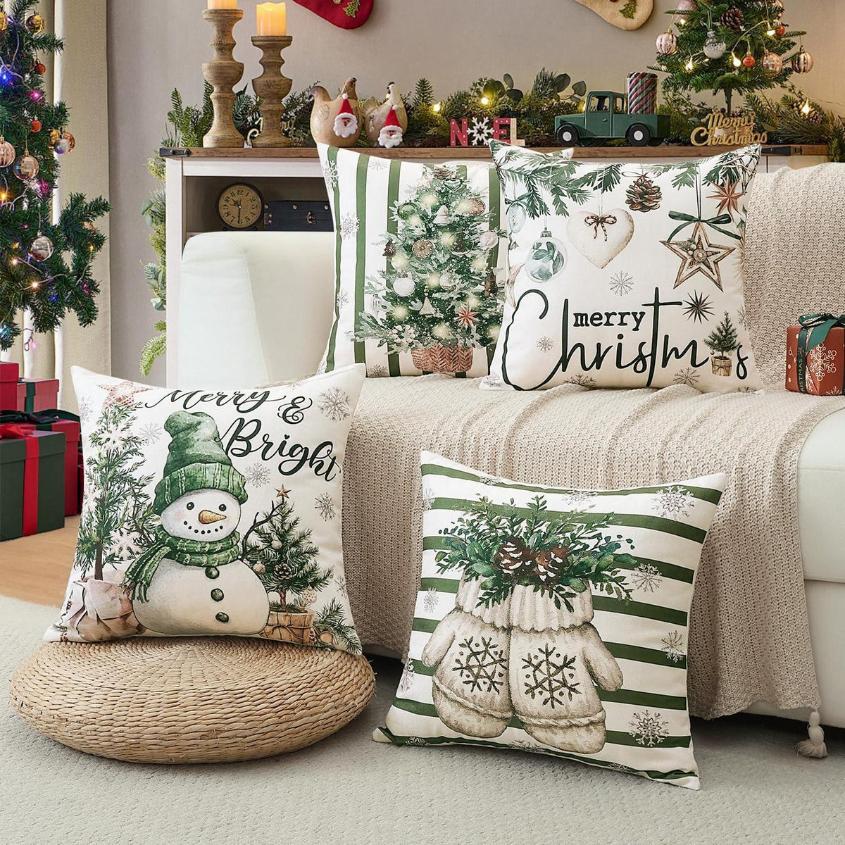 Weihnachtliche Kissenbezüge 4er Set, 45x45 cm, Schneemann Grün