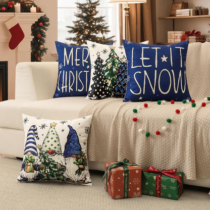 Weihnachtliche Kissenbezüge 4er Set – Zwerg & Weihnachtsbaum Dunkelblau
