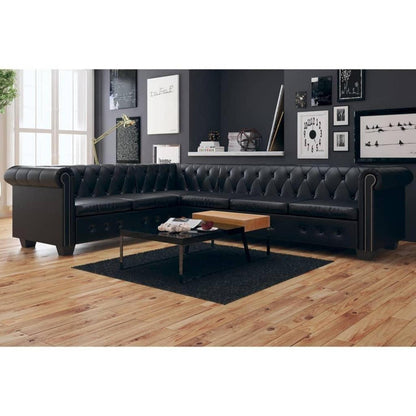 Chesterfield Ecksofa 6-Sitzer Vintage Lederoptik Schwarz