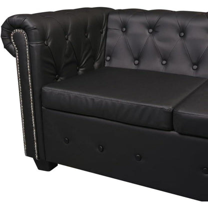 Chesterfield Ecksofa 6-Sitzer Vintage Lederoptik Schwarz