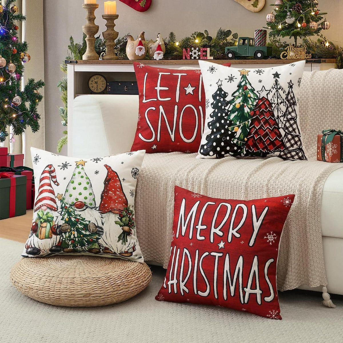 Weihnachtskissenbezüge 4er Set – Zwerg & Weihnachtsbaum Rot 50x50 cm
