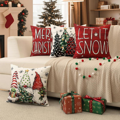 Weihnachtskissenbezüge 4er Set – Zwerg & Weihnachtsbaum Rot 50x50 cm