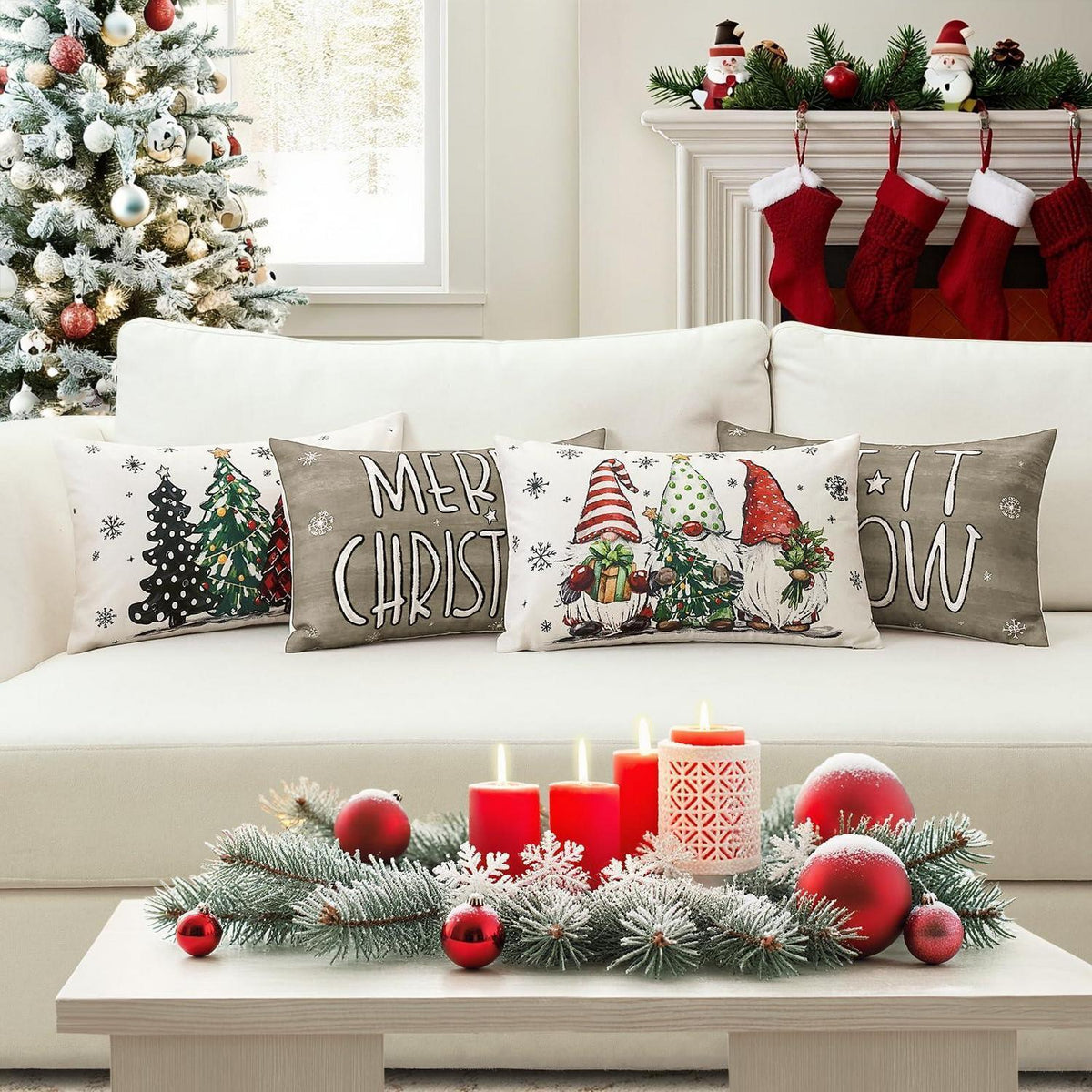 Weihnachtskissenbezüge 4er Set – Zwerg & Weihnachtsbaum Grau 30x50 cm