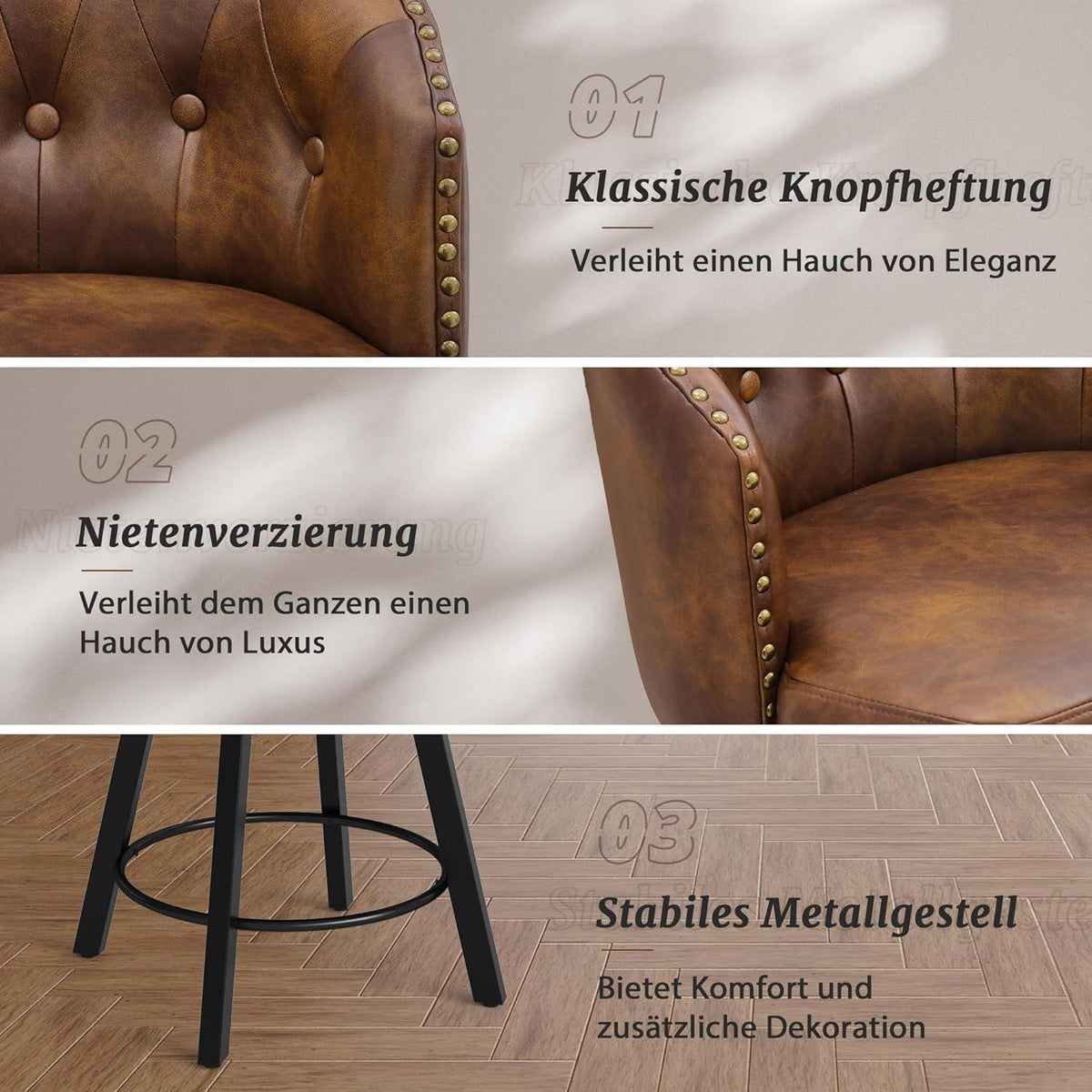 Drehbarer Barhocker 3er Set – Braun, 65cm hoch