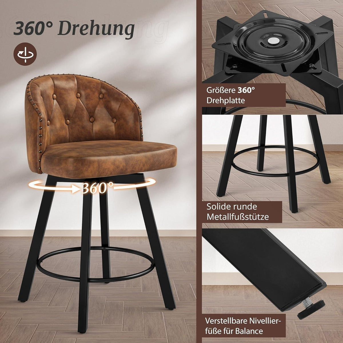 Drehbarer Barhocker 3er Set – Braun, 65cm hoch