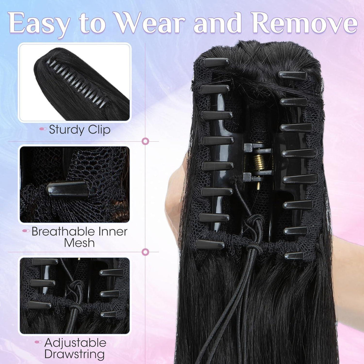Echthaar Zopfverlängerung Schwarz 55cm mit Clip