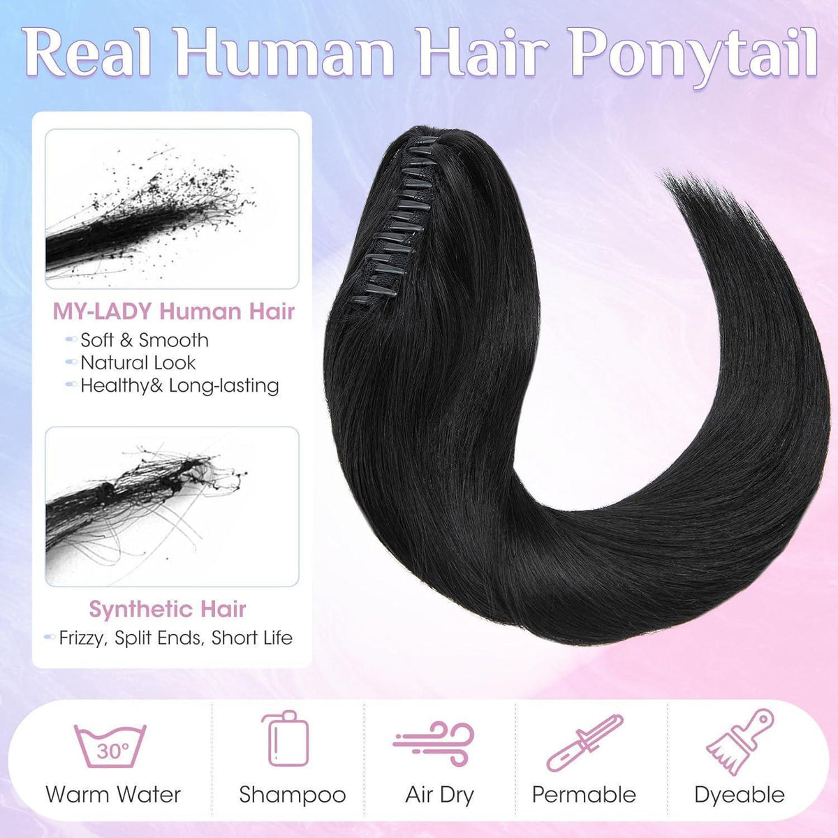 Echthaar Zopfverlängerung Schwarz 55cm mit Clip