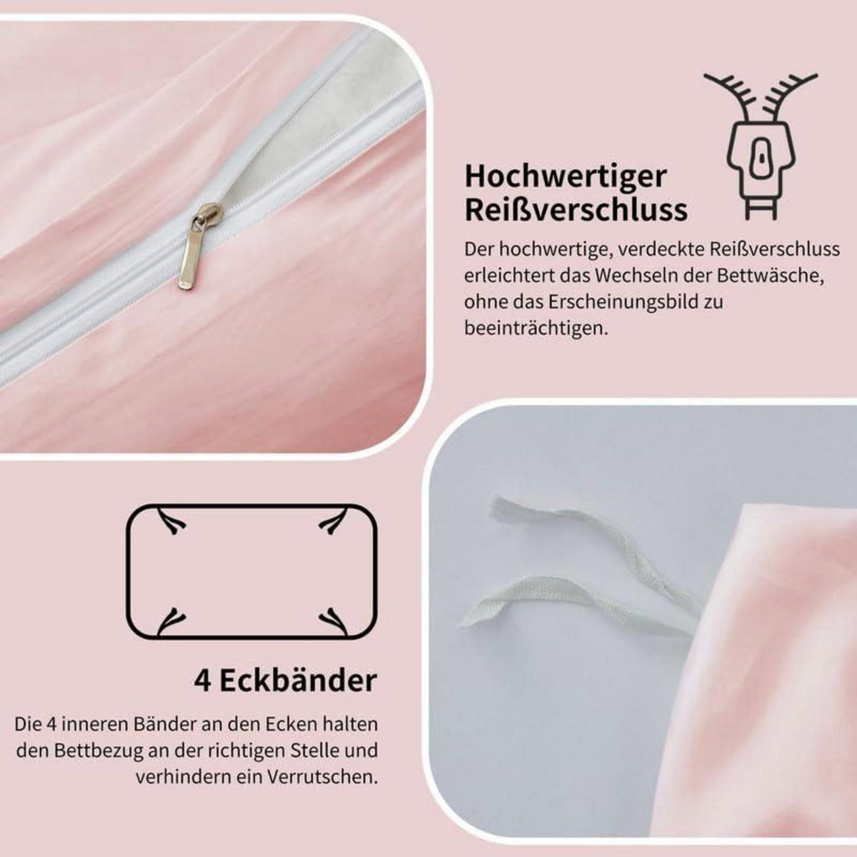 Mako Satin Bettwäsche Set 220x240cm Rosa Baumwolle 3tlg.