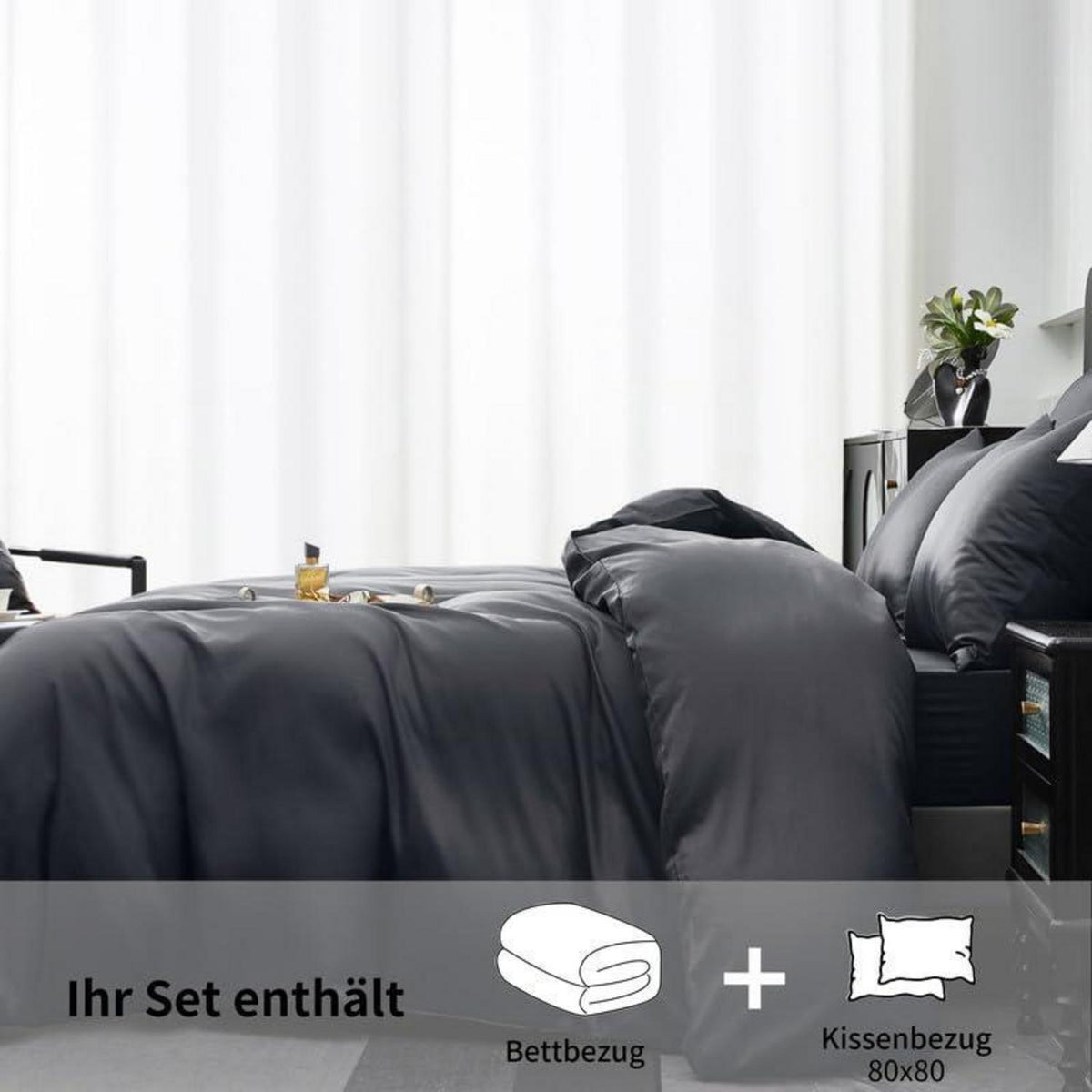 Mako Satin Bettwäsche Set 200x220cm Grau 3tlg.