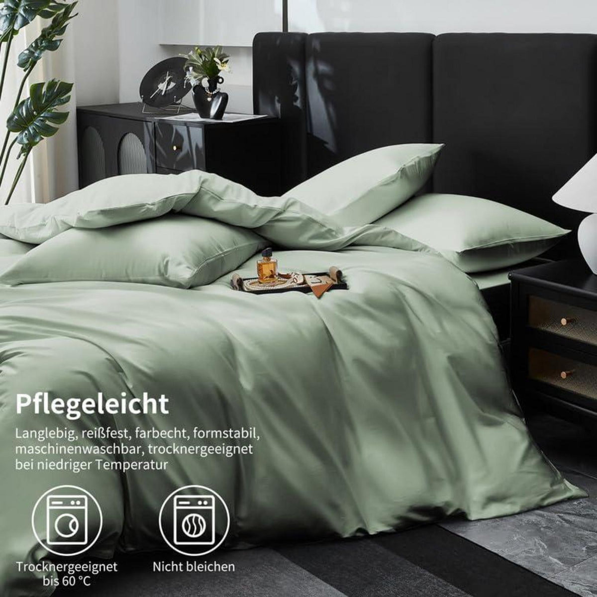 Mako Satin Bettwäsche Set 200x220 cm Salbeigrün 3-teilig
