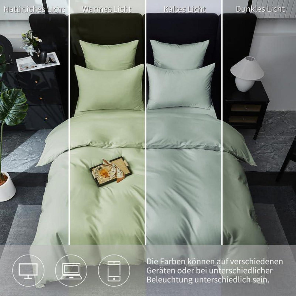 Mako Satin Bettwäsche Set 200x220 cm Salbeigrün 3-teilig