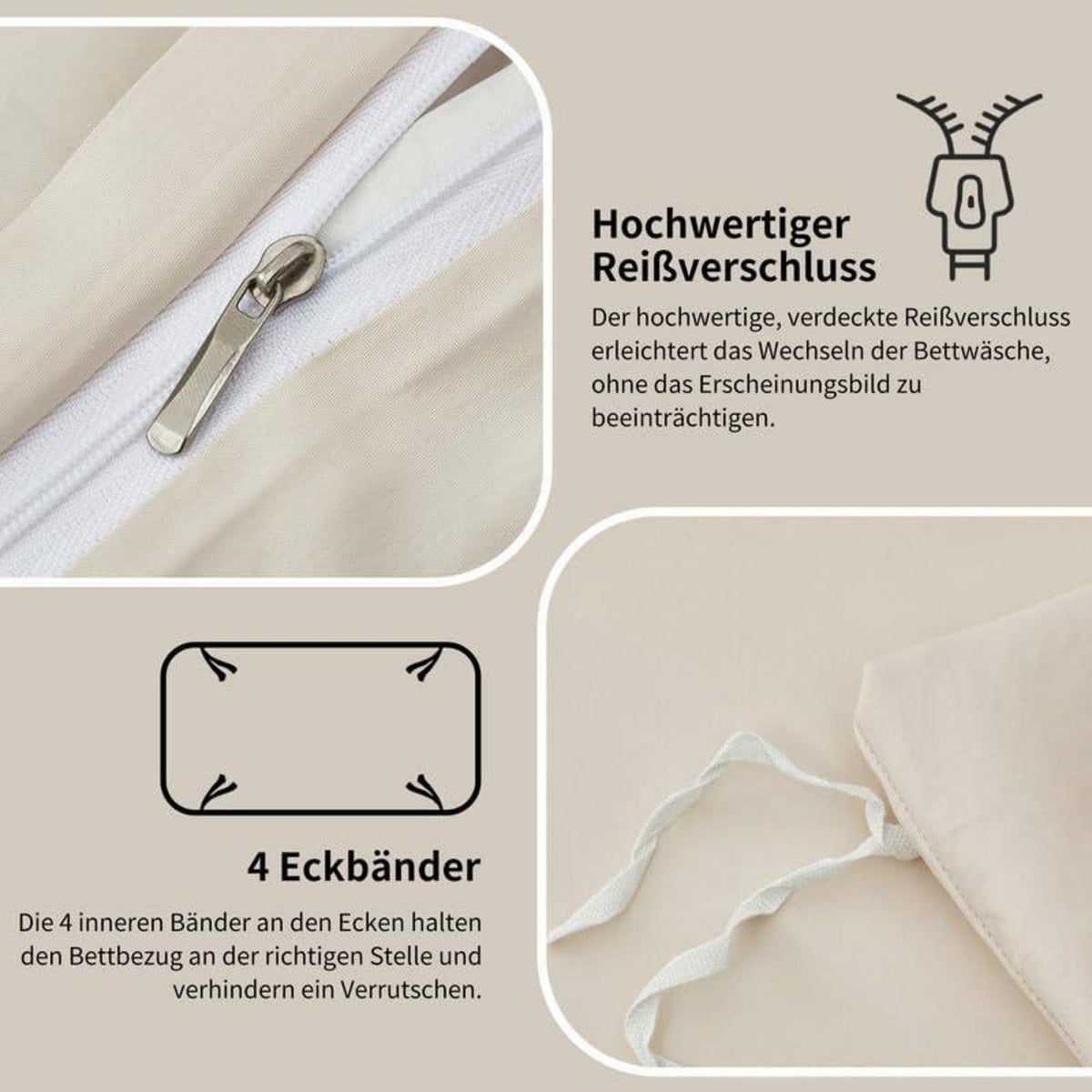 Mako Satin Bettwäsche Set 135x200cm Beige Baumwolle 4tlg.