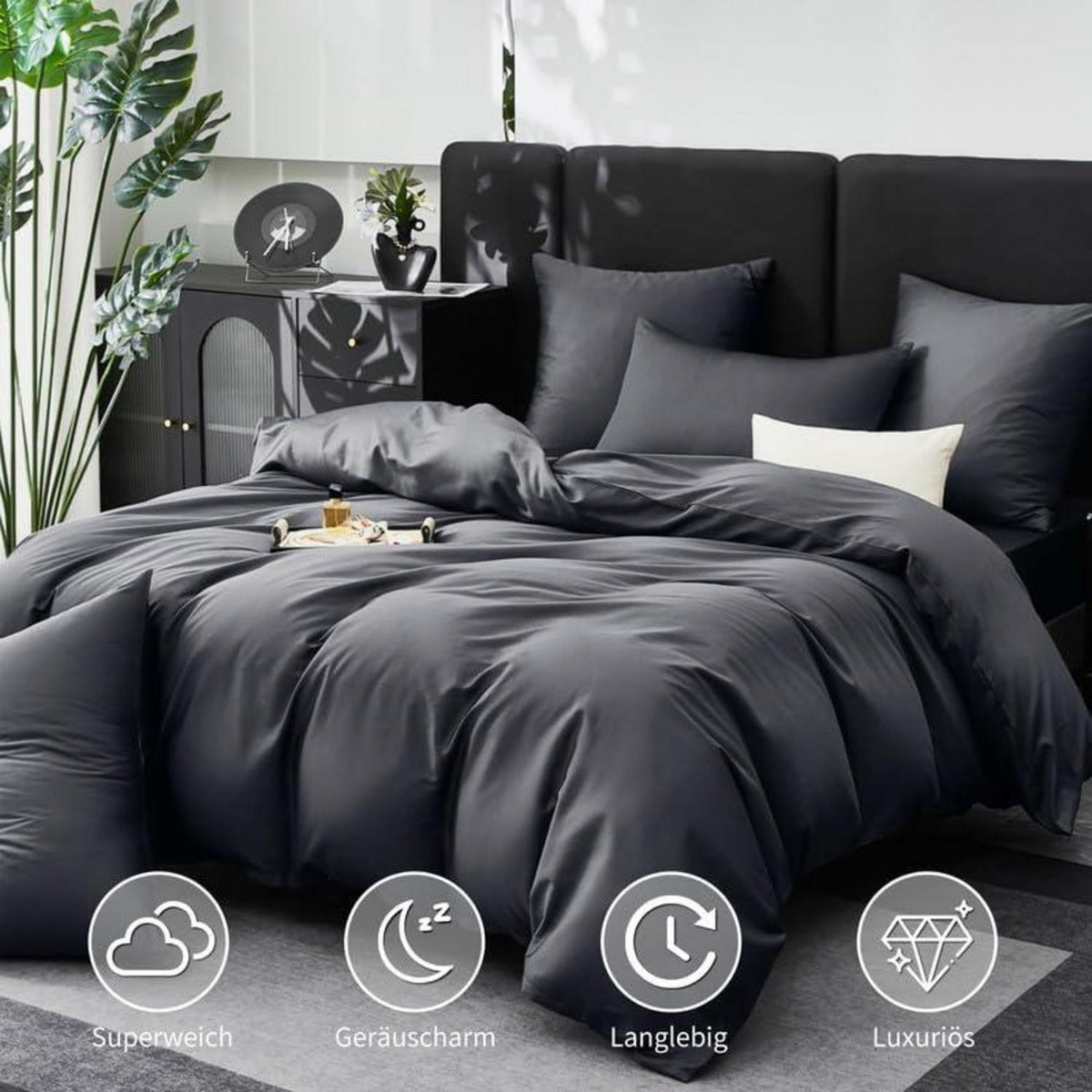 Mako Satin Bettwäsche Set 135x200 Grau – 4tlg. Baumwolle