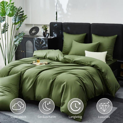 Olivgrüne Bettwäsche Set 200x200cm | 3-teilig, Mako Satin Baumwolle