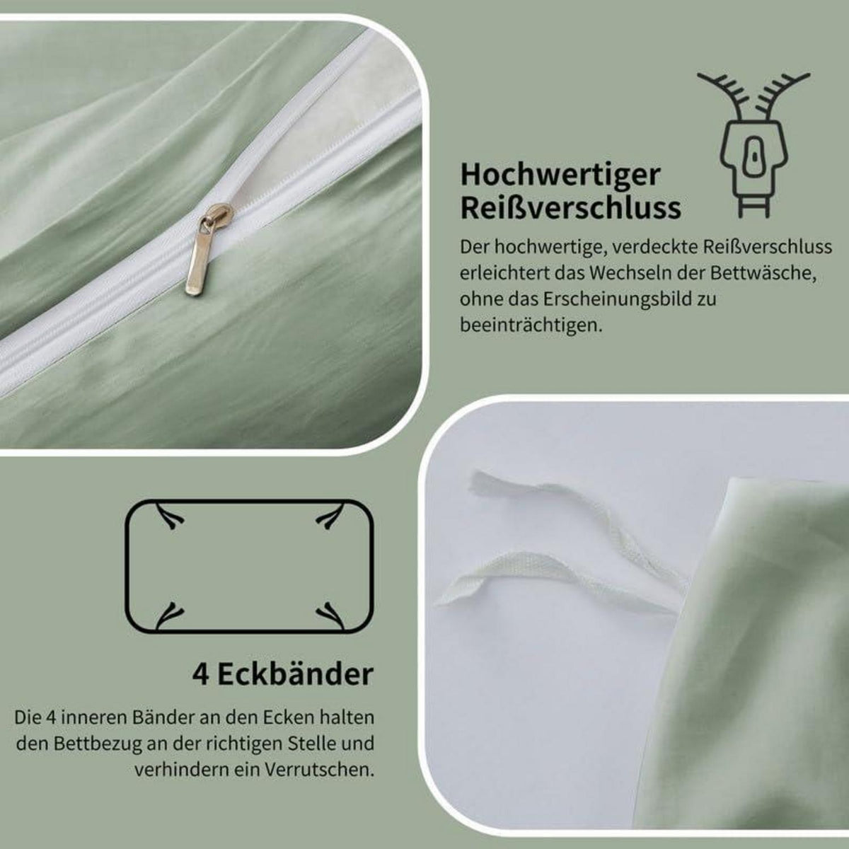 Mako Satin Bettwäsche Set 220x240cm Grün 3tlg. Baumwolle