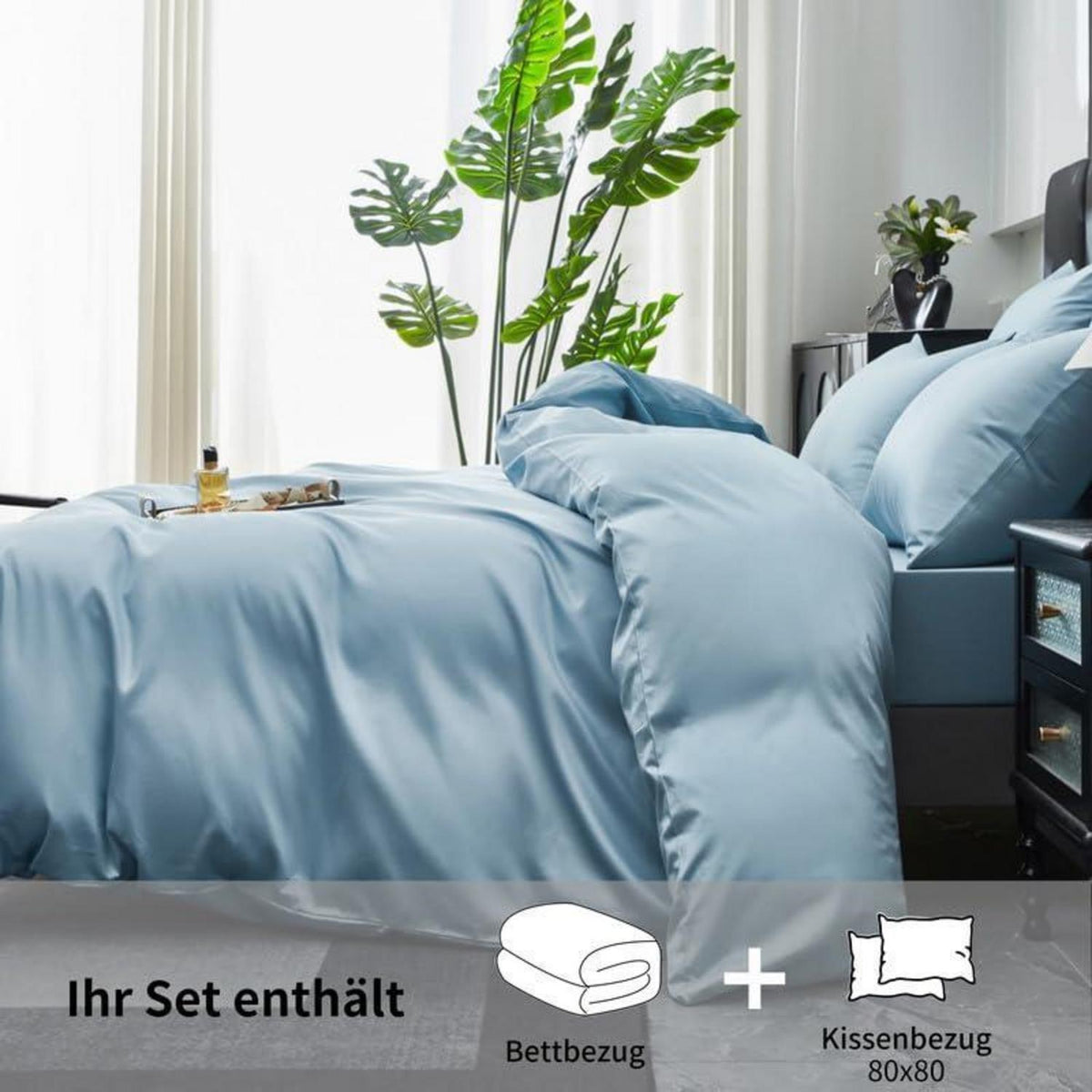 Mako Satin Bettwäsche Set 200x200cm Hellblau 3tlg. Baumwolle