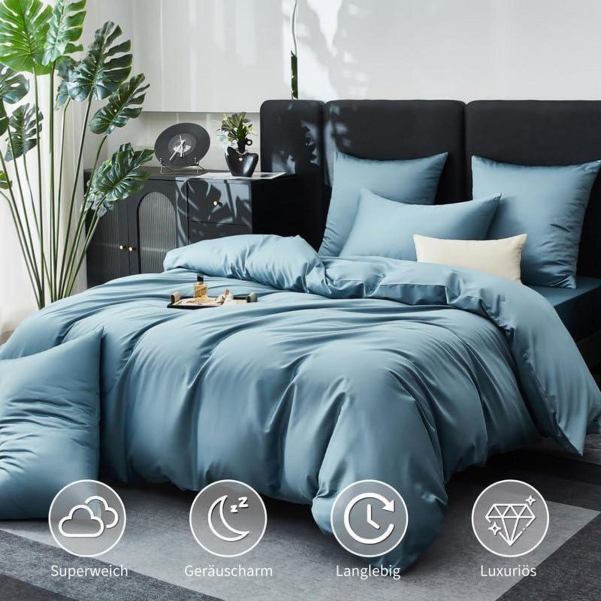 Mako Satin Bettwäsche Set 135x200cm Blau Petrol 4tlg.