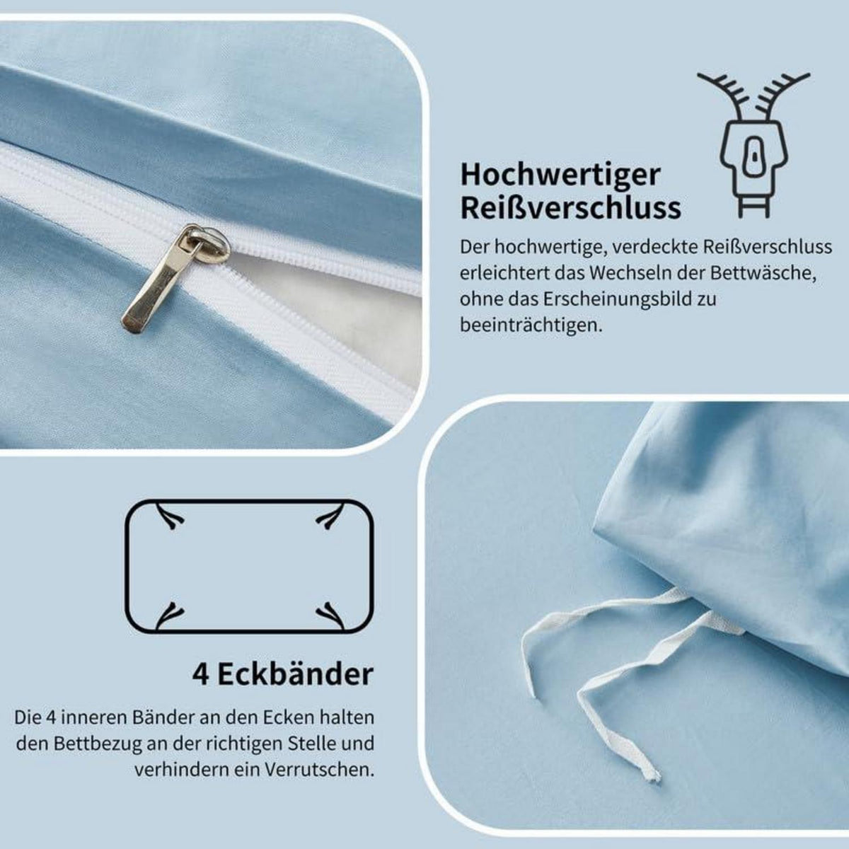 Mako Satin Bettwäsche Set 155x220cm Hellblau 3tlg.