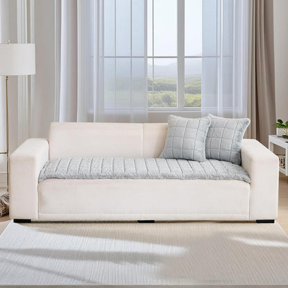 Plüsch Sofaüberwurf mit Muschelrand – Hellgrau-Holzoptik 70x210cm
