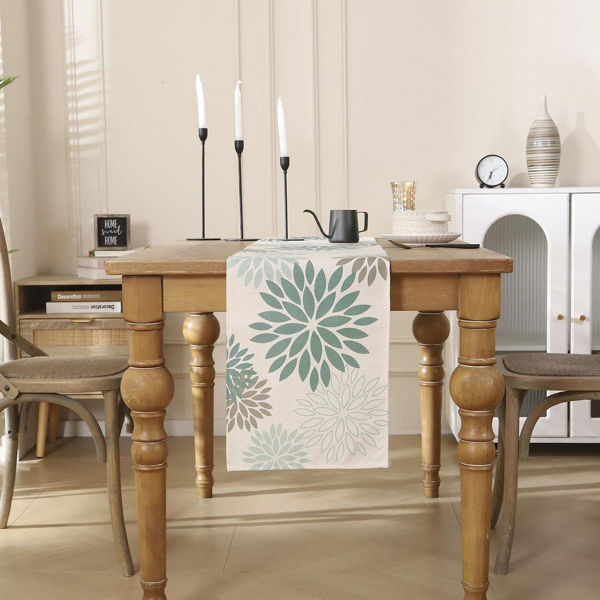 Tischläufer Blumen Salbeigrün Dahlie Boho Leinen 40x180 cm