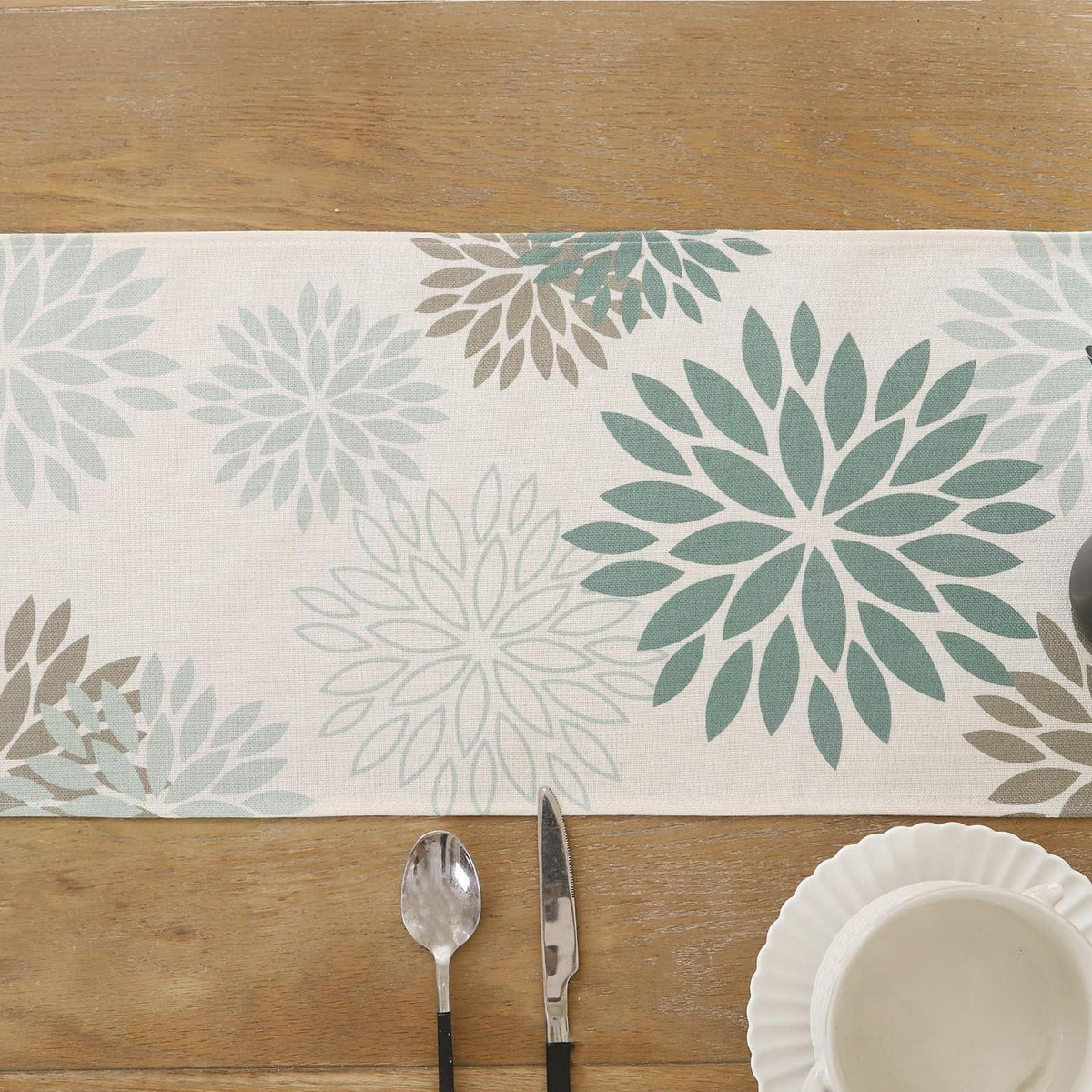Tischläufer Blumen Salbeigrün Dahlie Boho Leinen 40x180 cm
