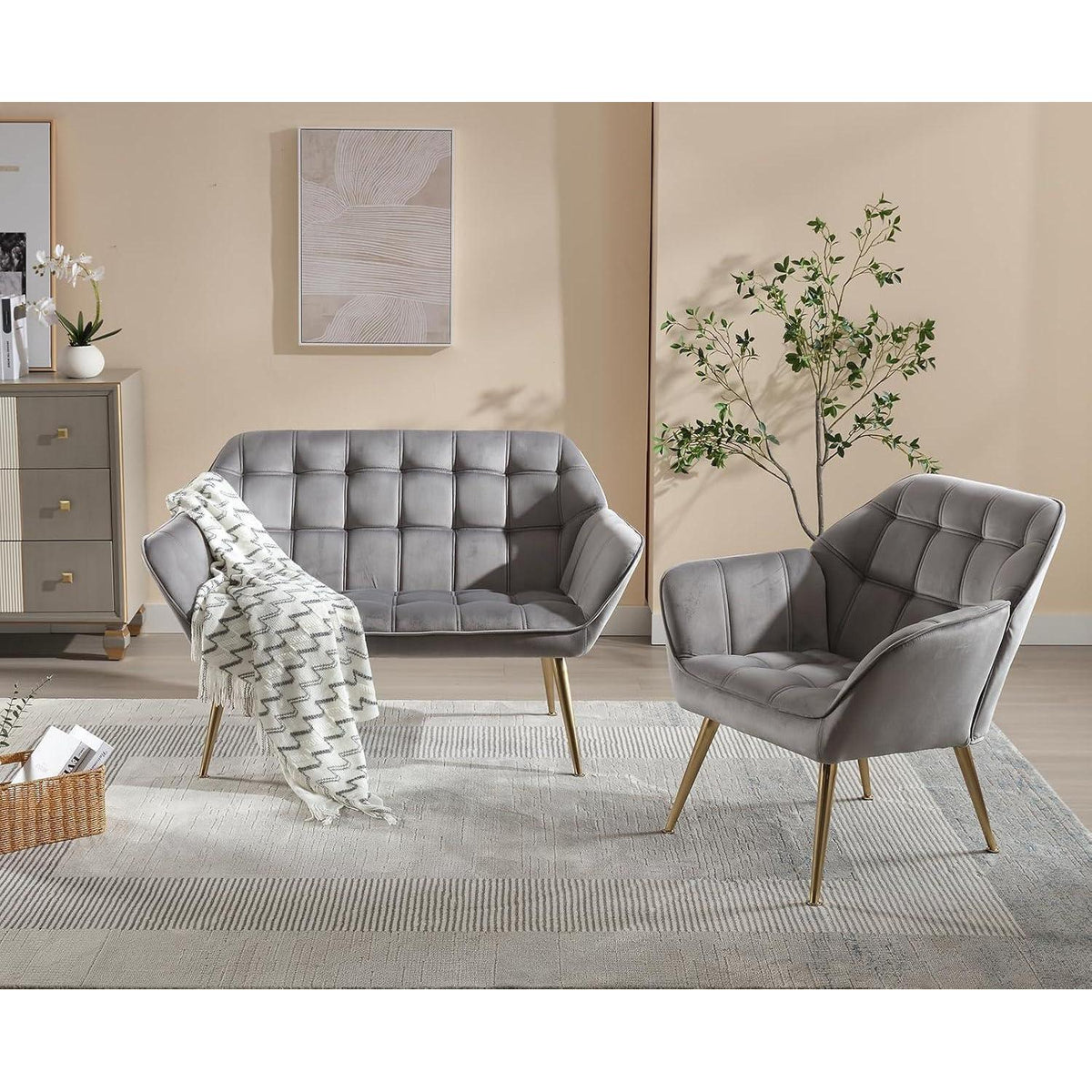 Ya-Home Akzentstuhl Set 2x | Gepolsterter Samt-Lesesessel Grau