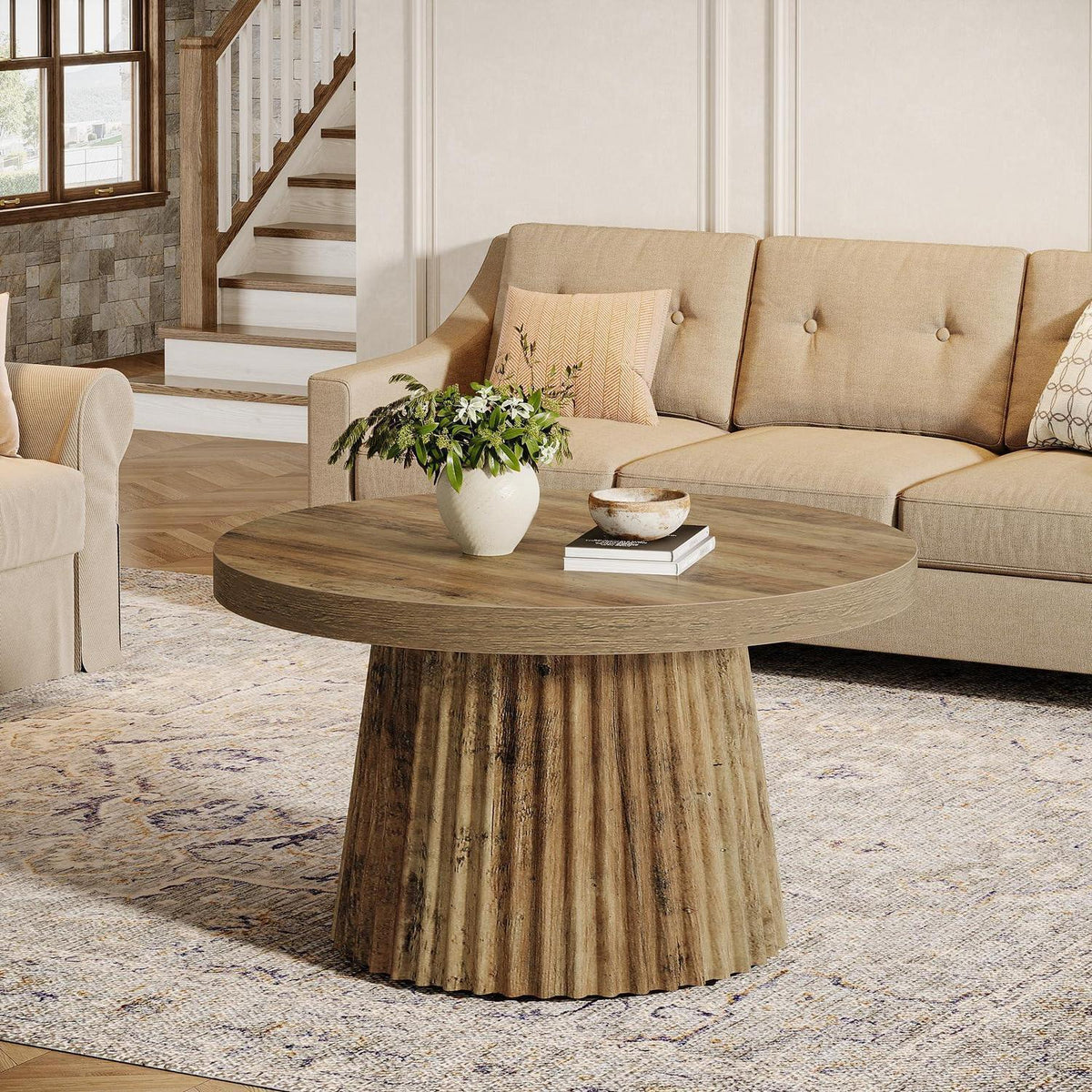 Runder Couchtisch Braun – Moderner Wohnzimmertisch mit Riffelbasis