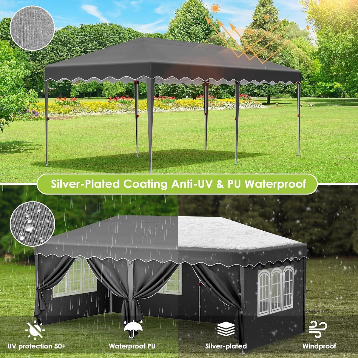 3x6m Pavillon wasserdicht, Faltpavillon mit Seitenteilen & Erdhaken