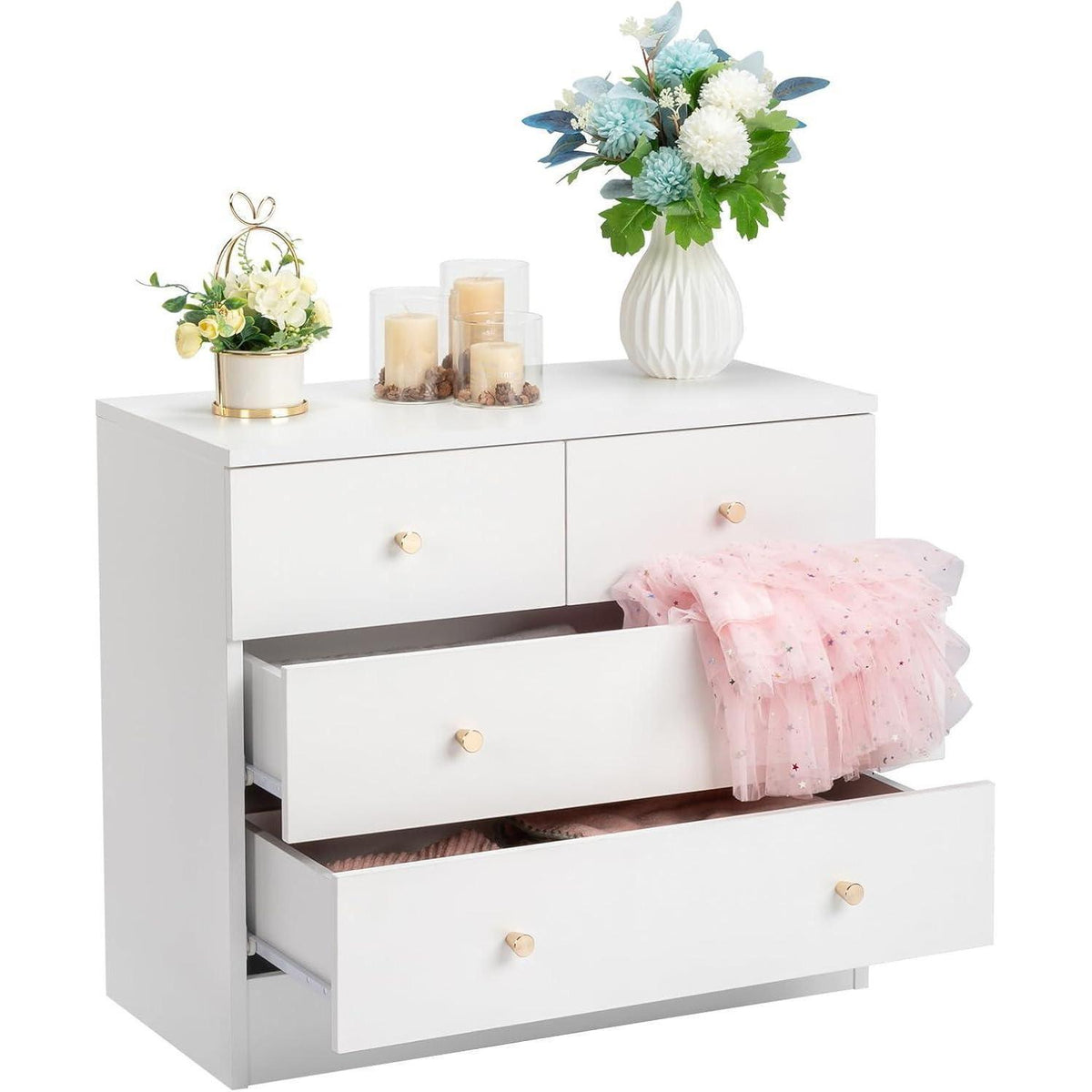 Weißes Schlafzimmer Kommode mit 4 Schubladen & Stauraum