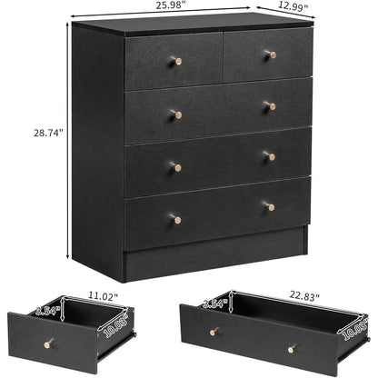 Kommode 5 Schubladen Schwarz – Schlafzimmer Sideboard mit Stauraum