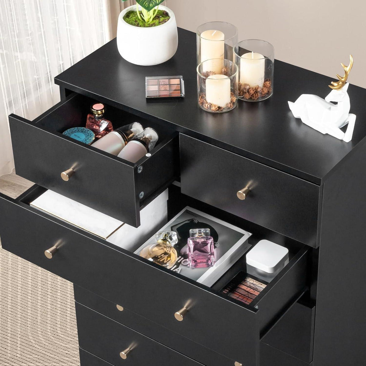 Kommode 5 Schubladen Schwarz – Schlafzimmer Sideboard mit Stauraum