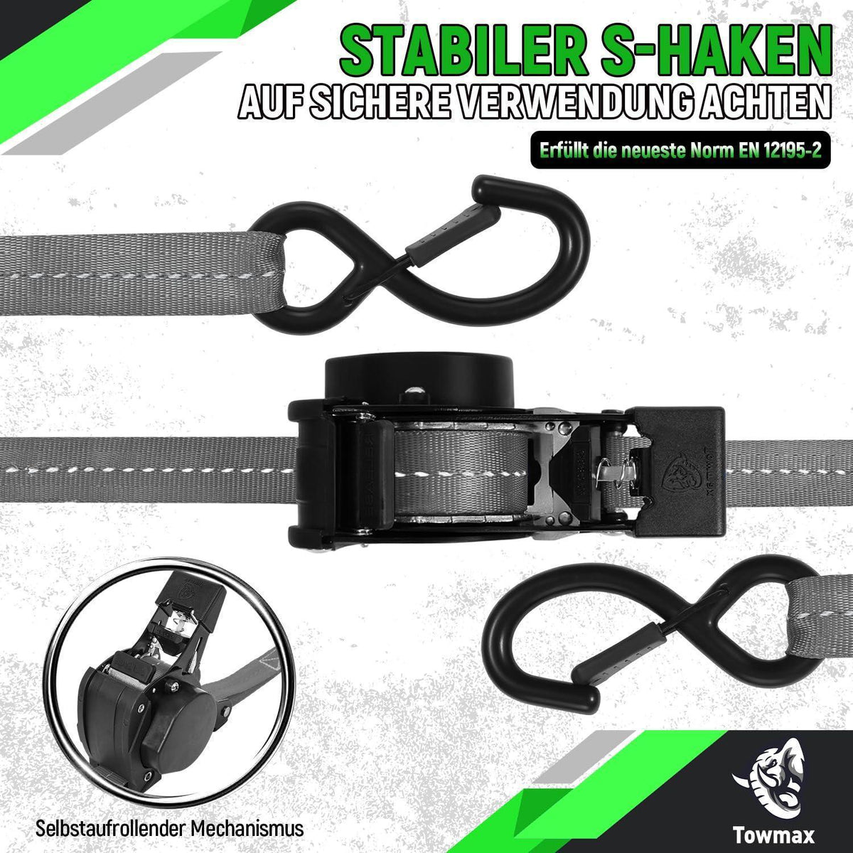 Automatischer Spanngurt-Set 3,6m mit S-Haken – 4er Pack