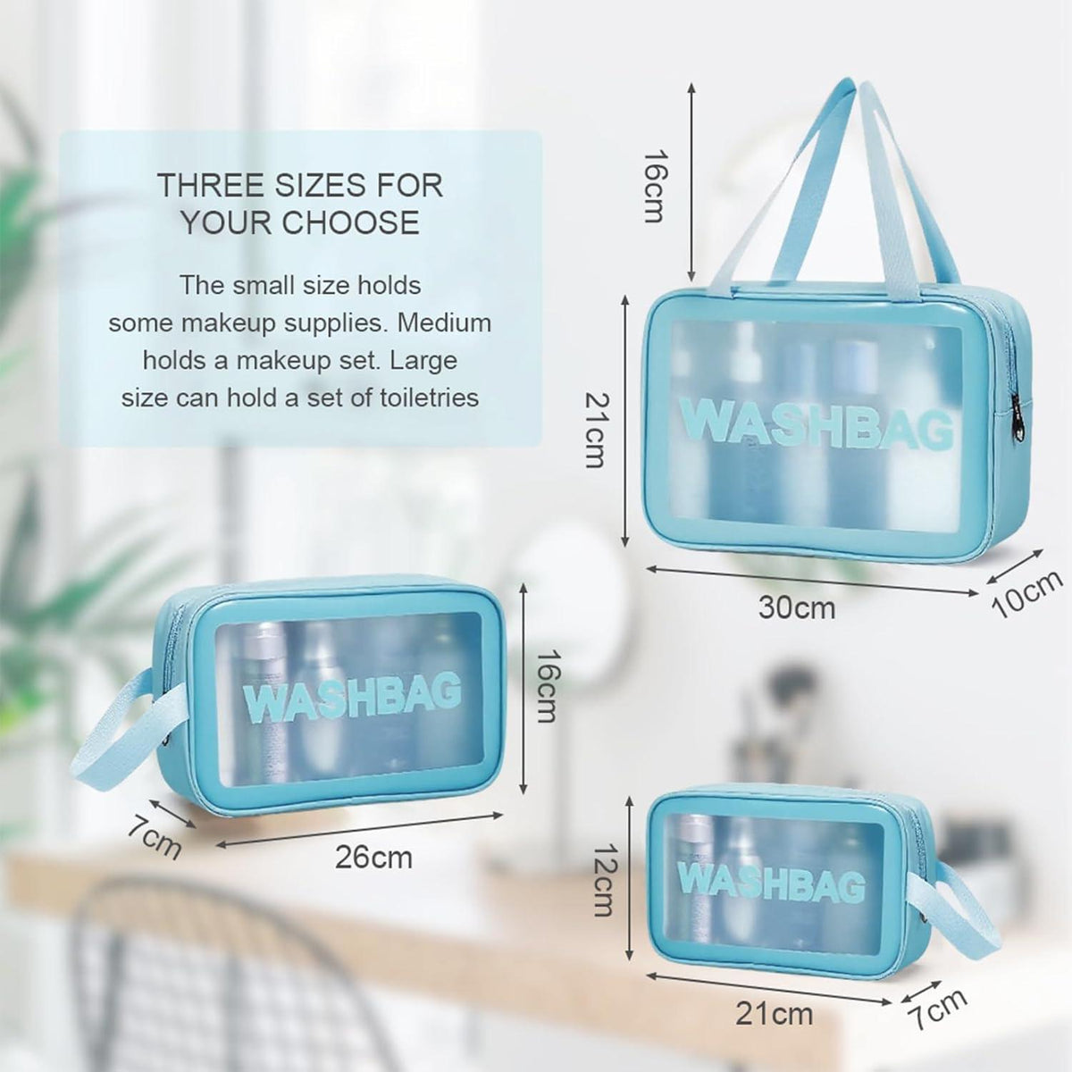 Transparente Kulturbeutel 3er Set, wasserdicht, Reise Organizer Blau