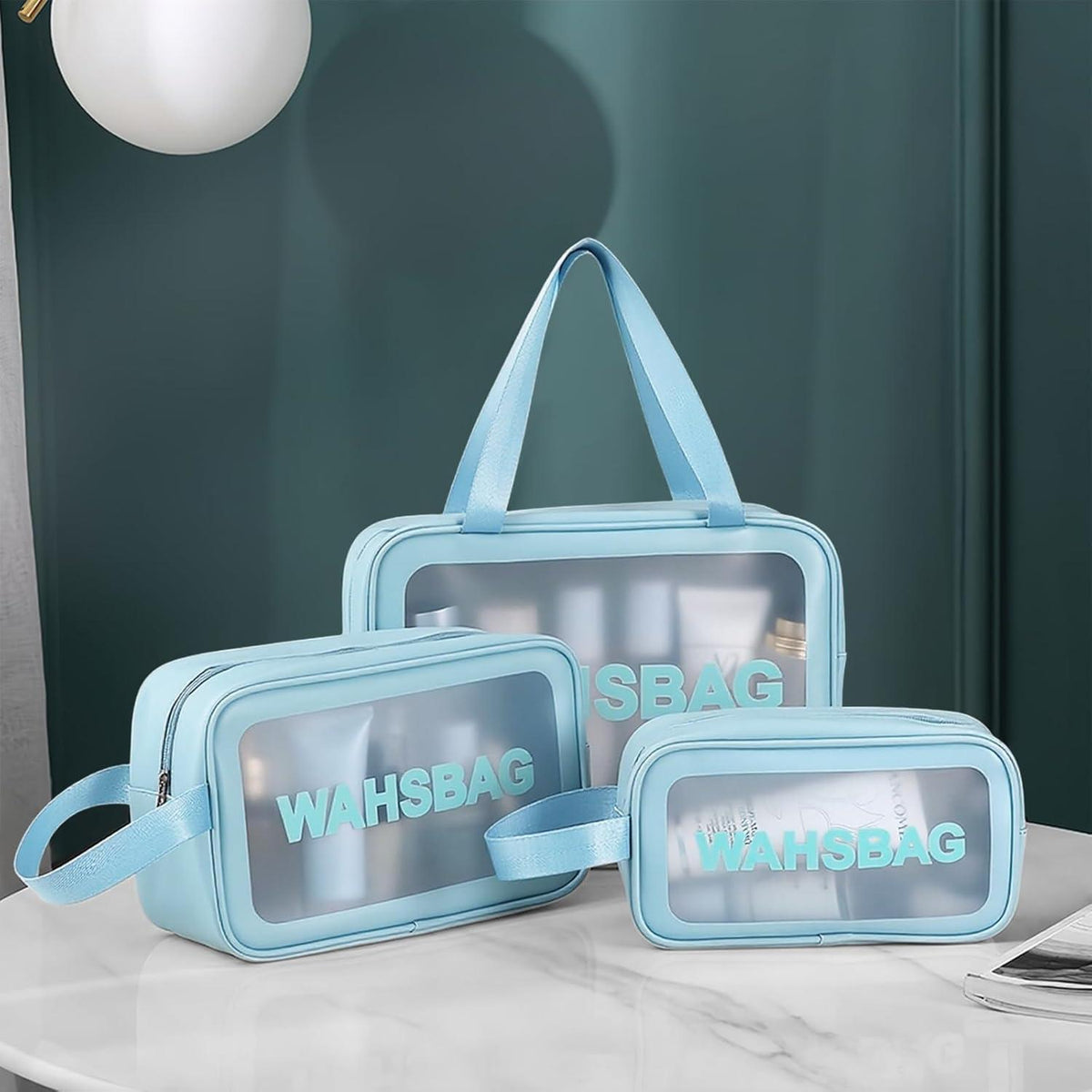 Transparente Kulturbeutel 3er Set, wasserdicht, Reise Organizer Blau