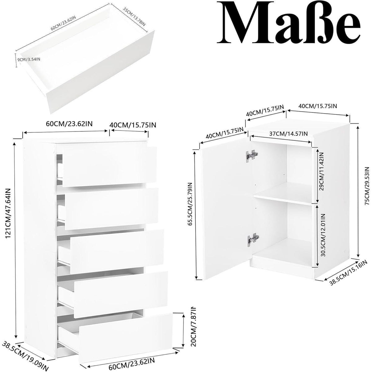 2er-Set Kommoden Weiß mit 0 & 5 Schubladen – Schlafzimmer & Büro