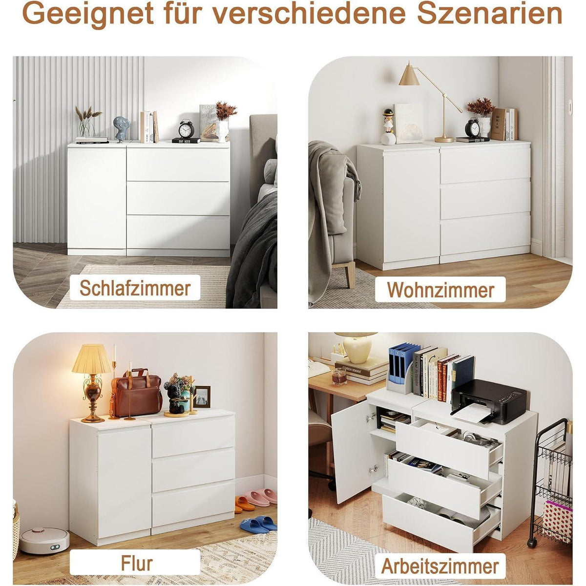 2er-Set Kommoden Weiß mit 0 & 3 Schubladen – Schlafzimmer & Büro