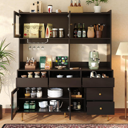 Küchenschrank Hochschrank mit Glastür & Weinregal, Schwarz