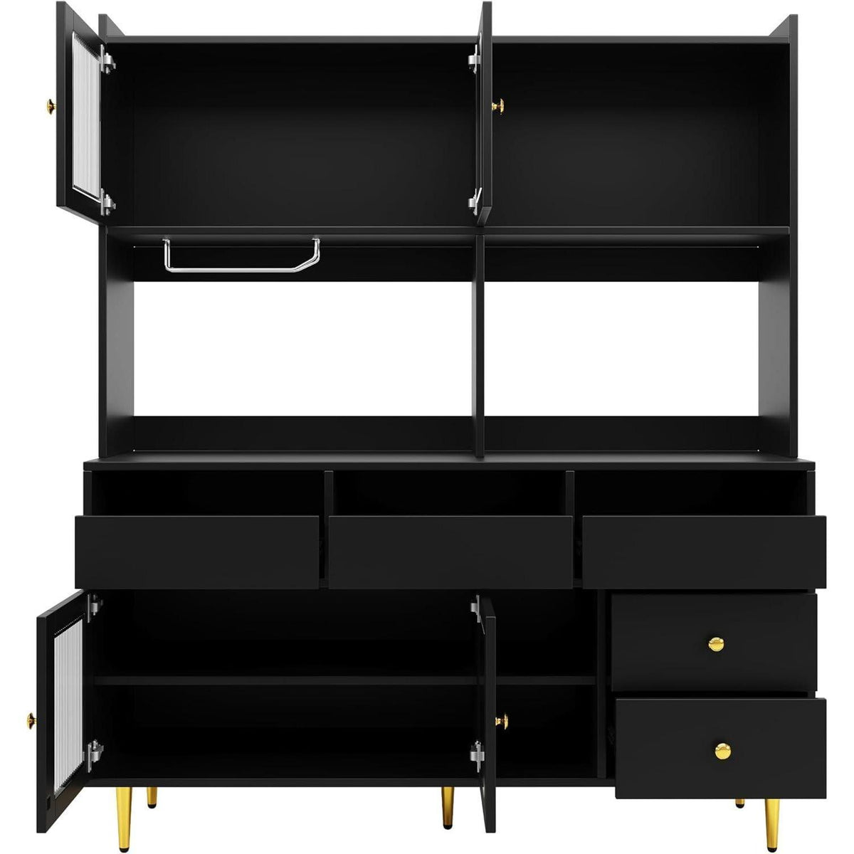 Küchenschrank Hochschrank mit Glastür & Weinregal, Schwarz