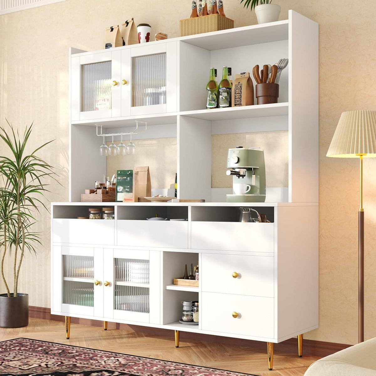 Küchenschrank Hochschrank mit Glastür & Weinregal, Weiß