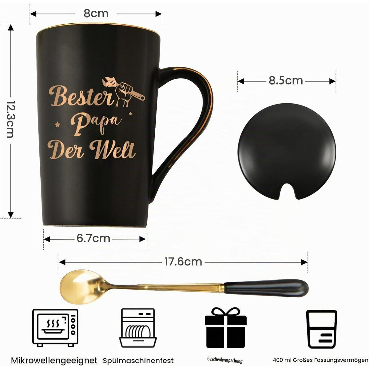 Papa Tasse "Bester Papa der Welt" mit Deckel & Löffel