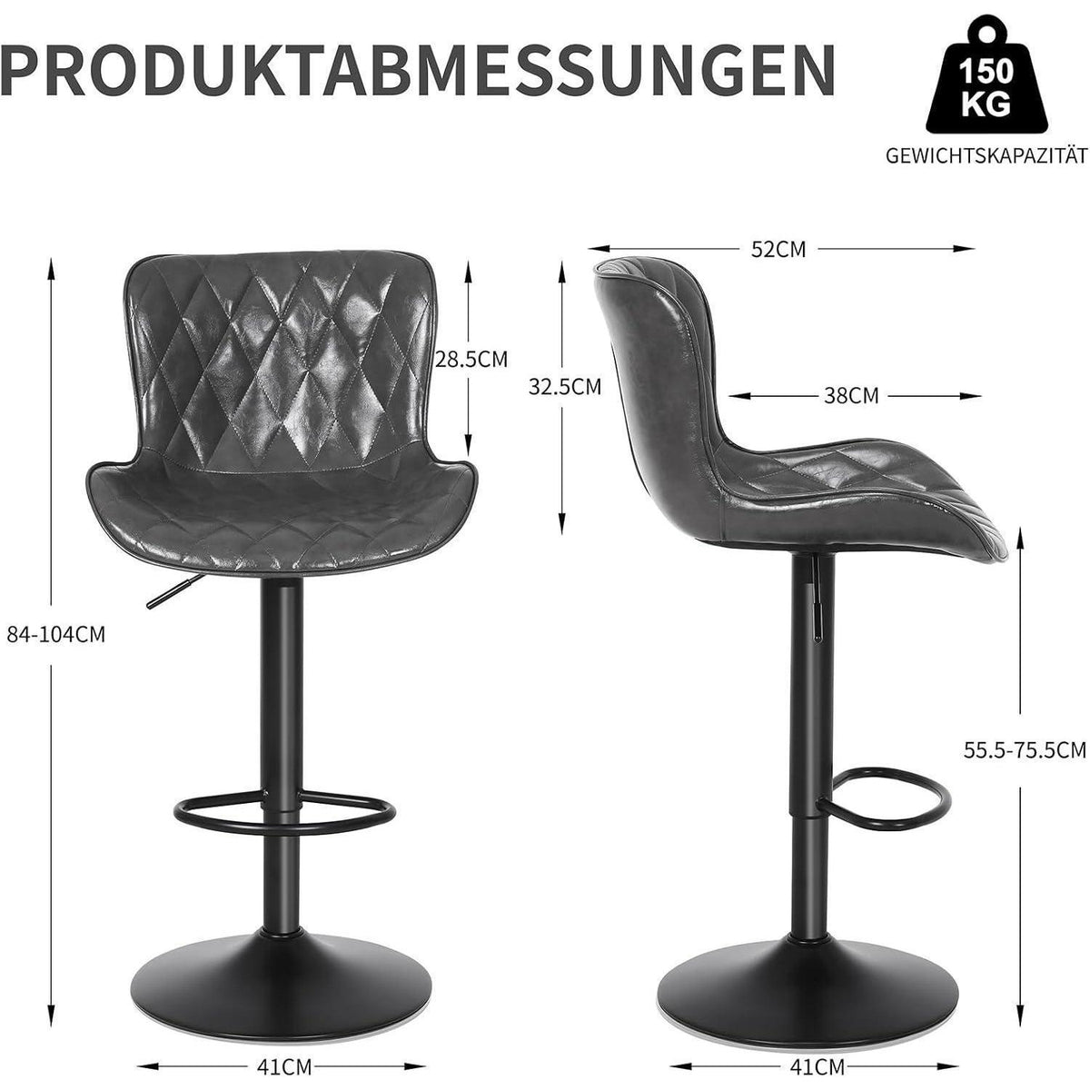 Verstellbare Barhocker Set (3x) – Dunkelgrau, Fußstütze in Lederoptik