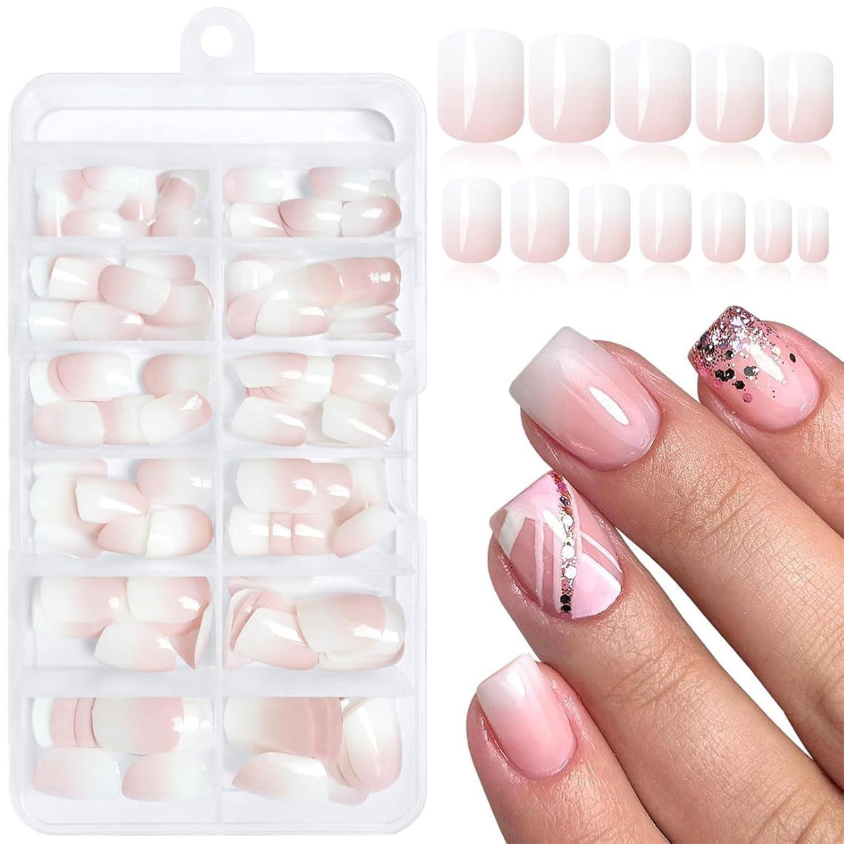 144 kurze Ombre Press-on-Nägel Weiß Pink Damen Nagelset