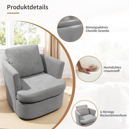 Drehsessel Grau, Chenille Sessel mit Kissen & 360° Funktion