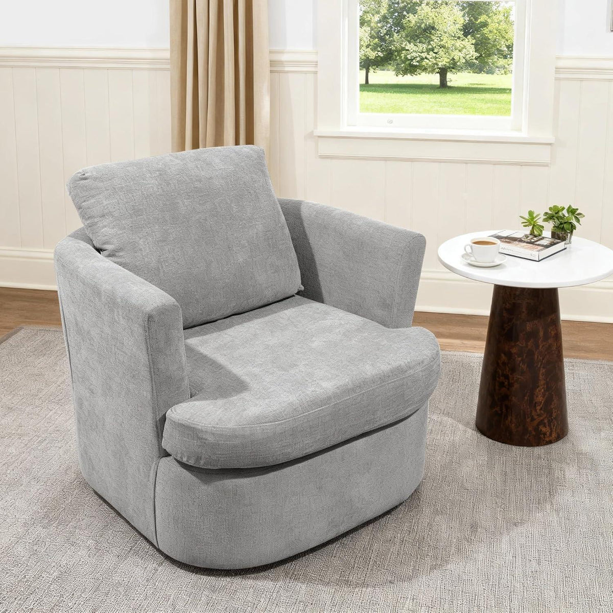 Drehsessel Grau, Chenille Sessel mit Kissen & 360° Funktion