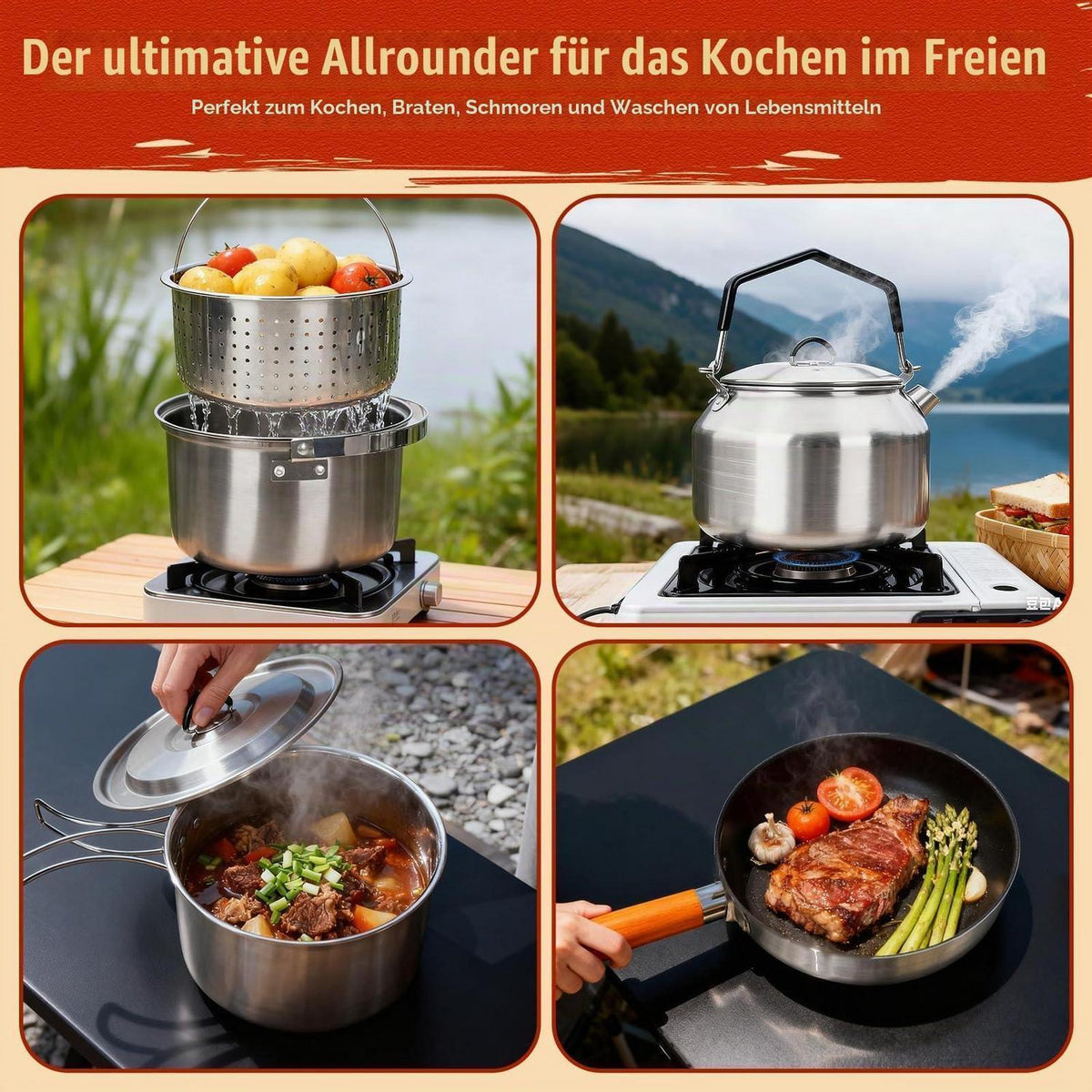 Camping Kochset Edelstahl 5-teilig – Topf, Pfanne & Zubehör