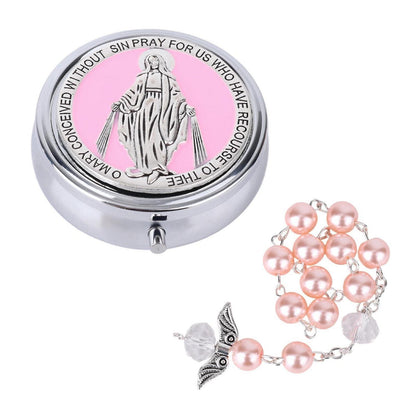 Rosenkranz Taufgeschenk mit Gedenkbox & Engelsflügel-Armband Rosa