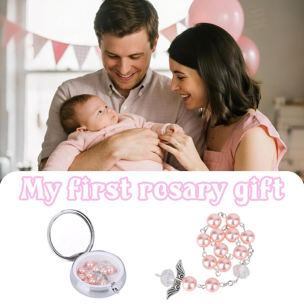 Rosenkranz Taufgeschenk mit Gedenkbox & Engelsflügel-Armband Rosa
