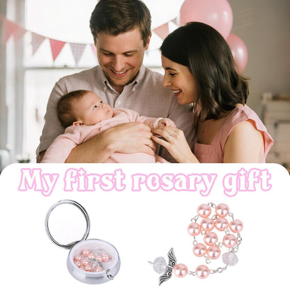 Rosenkranz Taufgeschenk mit Gedenkbox & Engelsflügel-Armband Rosa
