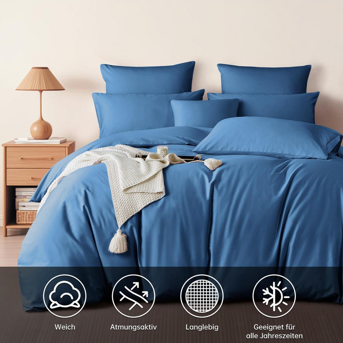Satin Bettwäsche Set 200x200 cm Blau Mako Baumwolle