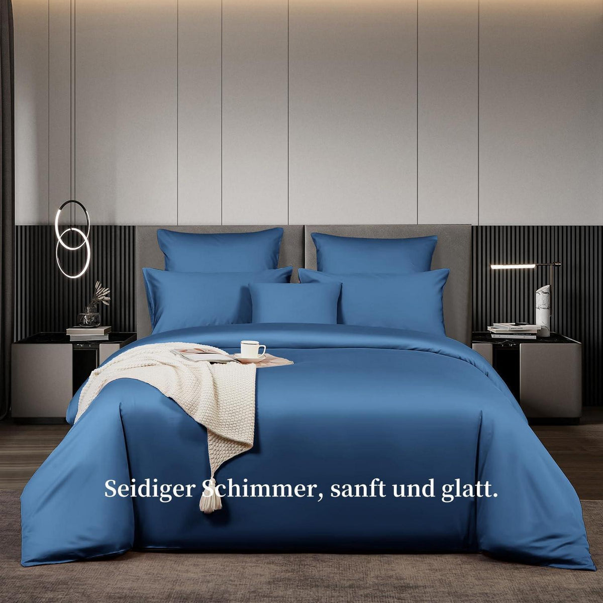 Satin Bettwäsche Set 200x200 cm Blau Mako Baumwolle